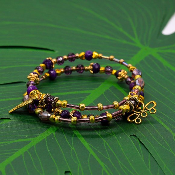 Bracelet with small purple beads and gold accents. Unique. - Picture 3 of 5